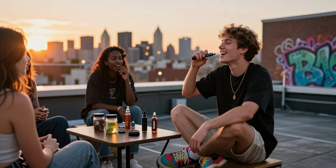 Person enjoying THC pens with friends on a city rooftop at sunset