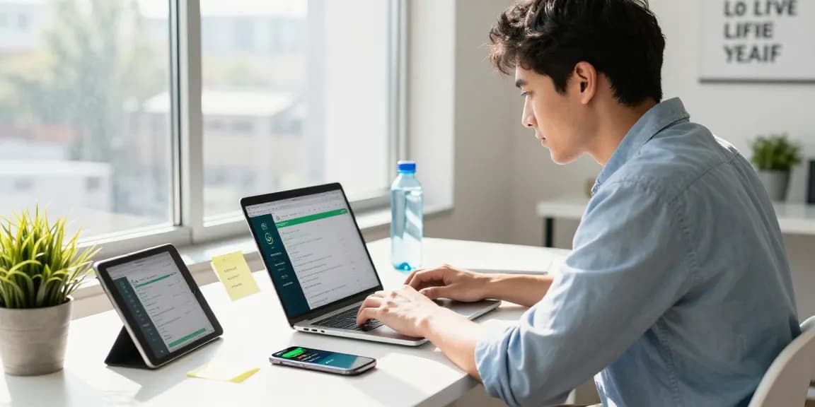 Engaged professional using WhatsApp下載 on laptop with vibrant workspace elements.