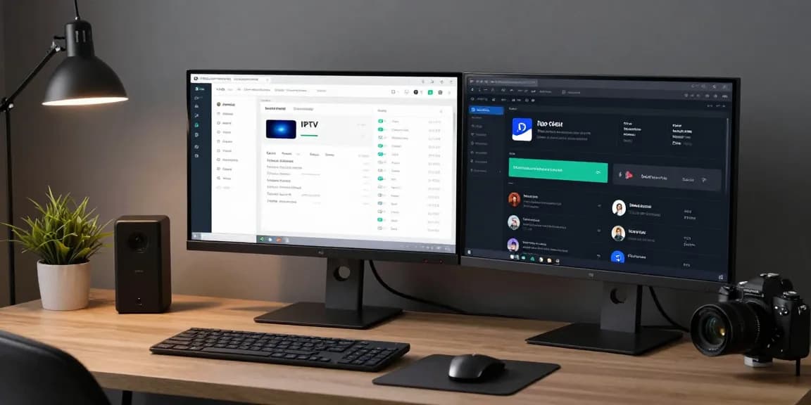 IPTV reseller dashboard in a modern workspace with software development tools and cloud computing architecture.