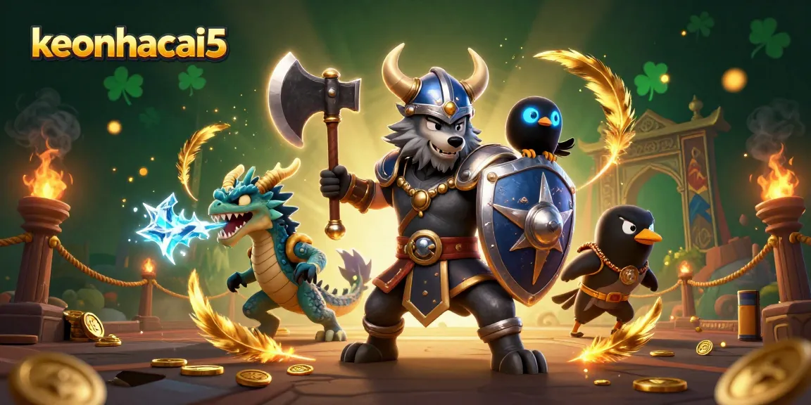 Betting with keonhacai5 at a vibrant casino scene featuring a Viking warrior, dragon, and raven.