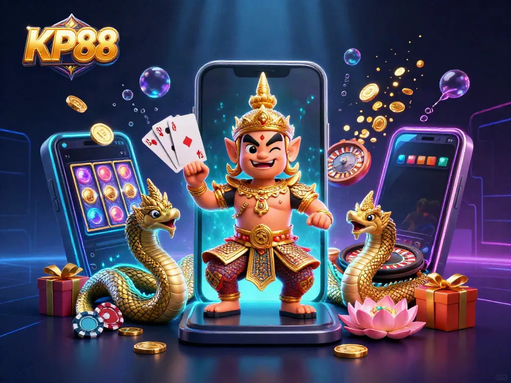 Engage with KP88's immersive 3D casino illustration showcasing vibrant gaming elements and characters.