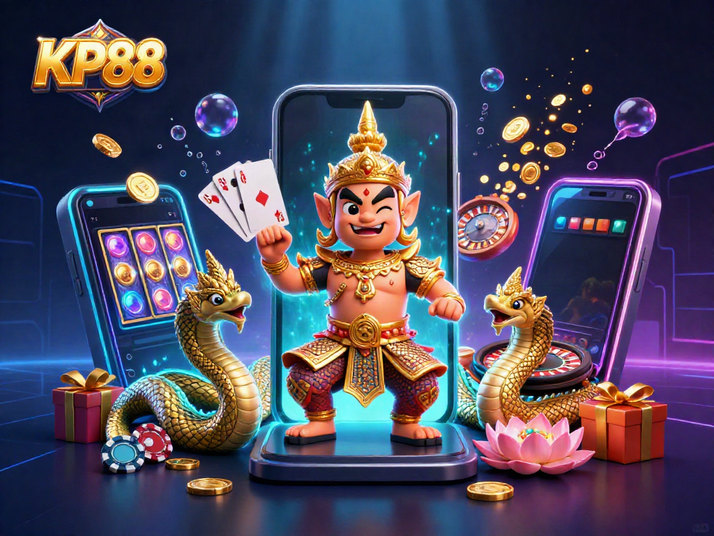 Engage with KP88's immersive 3D casino illustration showcasing vibrant gaming elements and characters.