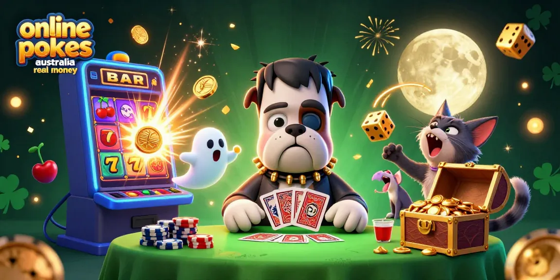 Experience online pokies Australia real money with a lively cartoon casino scene featuring playful characters and vibrant game elements.