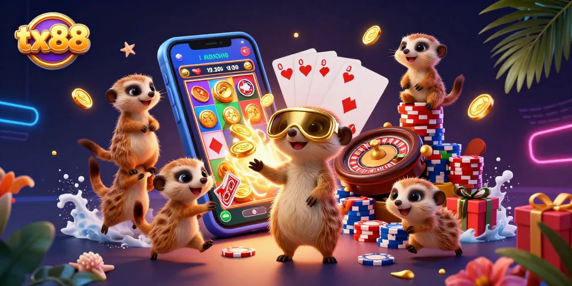 tx88 offers an engaging casino experience with meerkats running games surrounded by vibrant slot symbols.