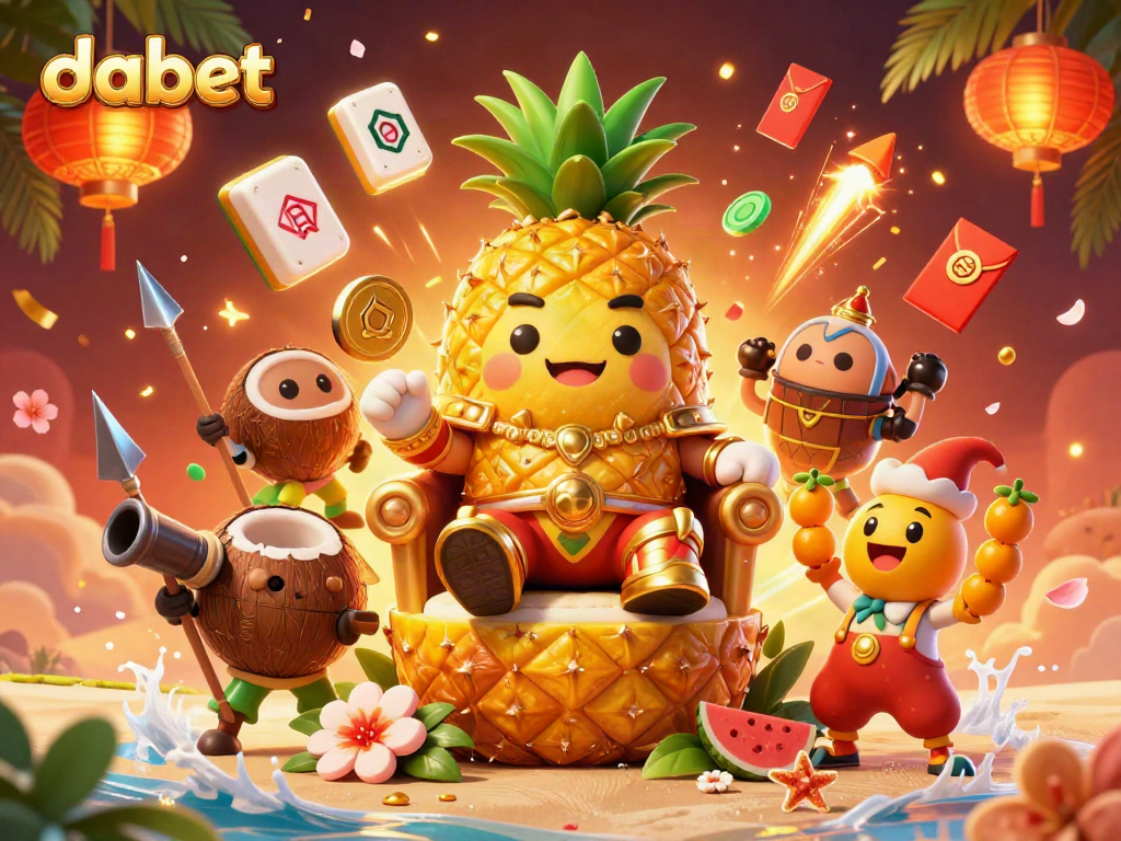 dabet features a golden pineapple king and whimsical characters in a vibrant beach casino scene.