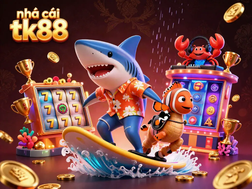 Experience the thrill of nhà cái tk88 with a dynamic 3D casino scene featuring vibrant characters.
