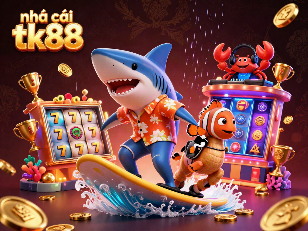 Experience the thrill of nhà cái tk88 with a dynamic 3D casino scene featuring vibrant characters.