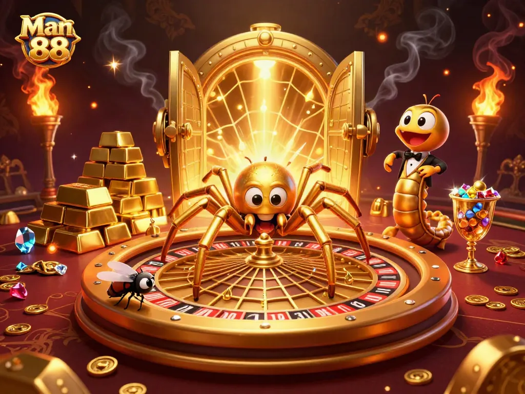Placing bets at Man 88 with a golden spider and croupier in an energetic casino scene