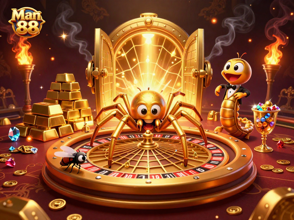 Placing bets at Man 88 with a golden spider and croupier in an energetic casino scene