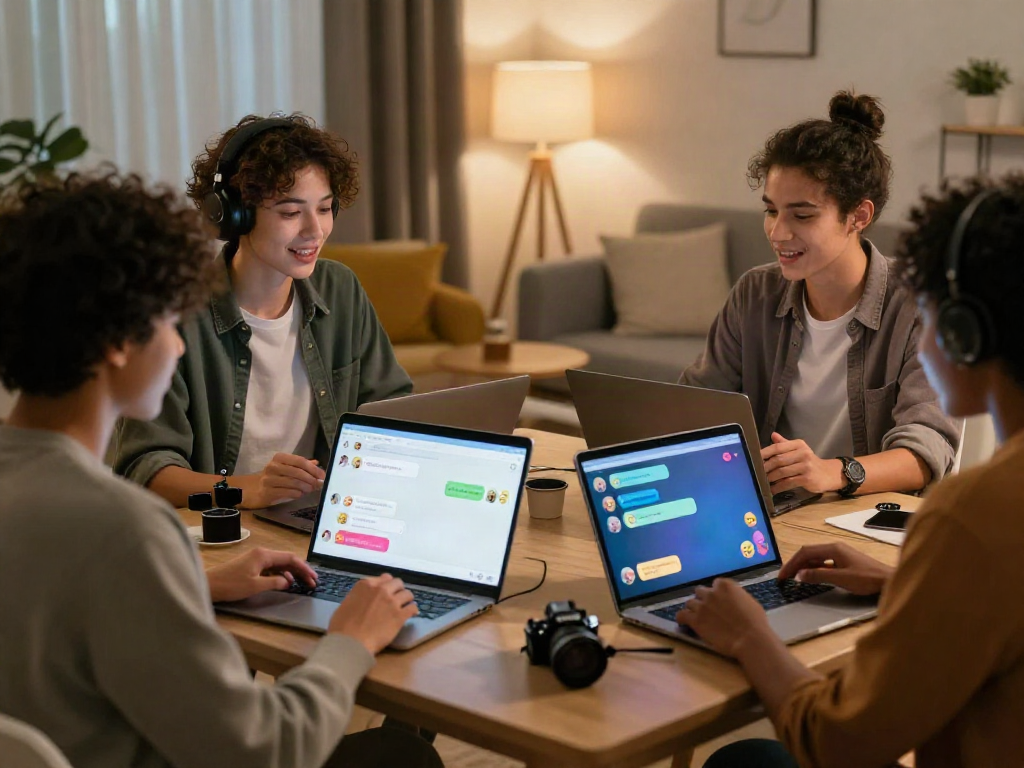 Diverse users engaging in an NSFW AI chat within a cozy modern setting, showcasing interactive digital devices and colorful chat interfaces.