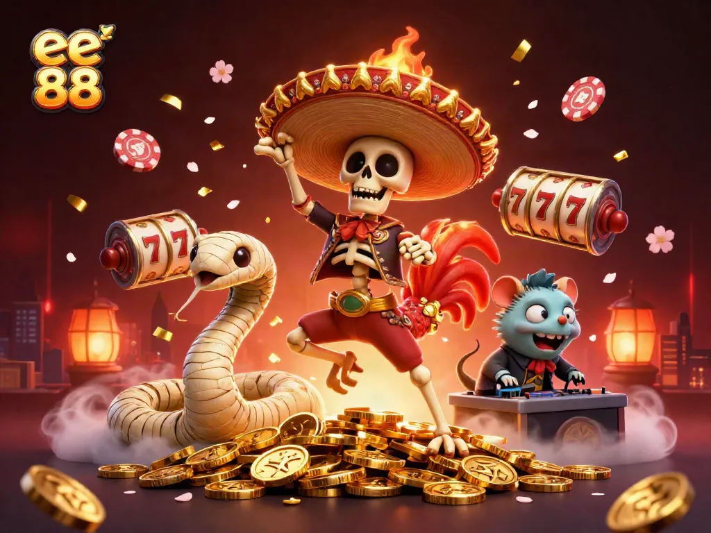 Engage with ee 88's thrilling victory scene featuring vibrant casino elements and lively characters.