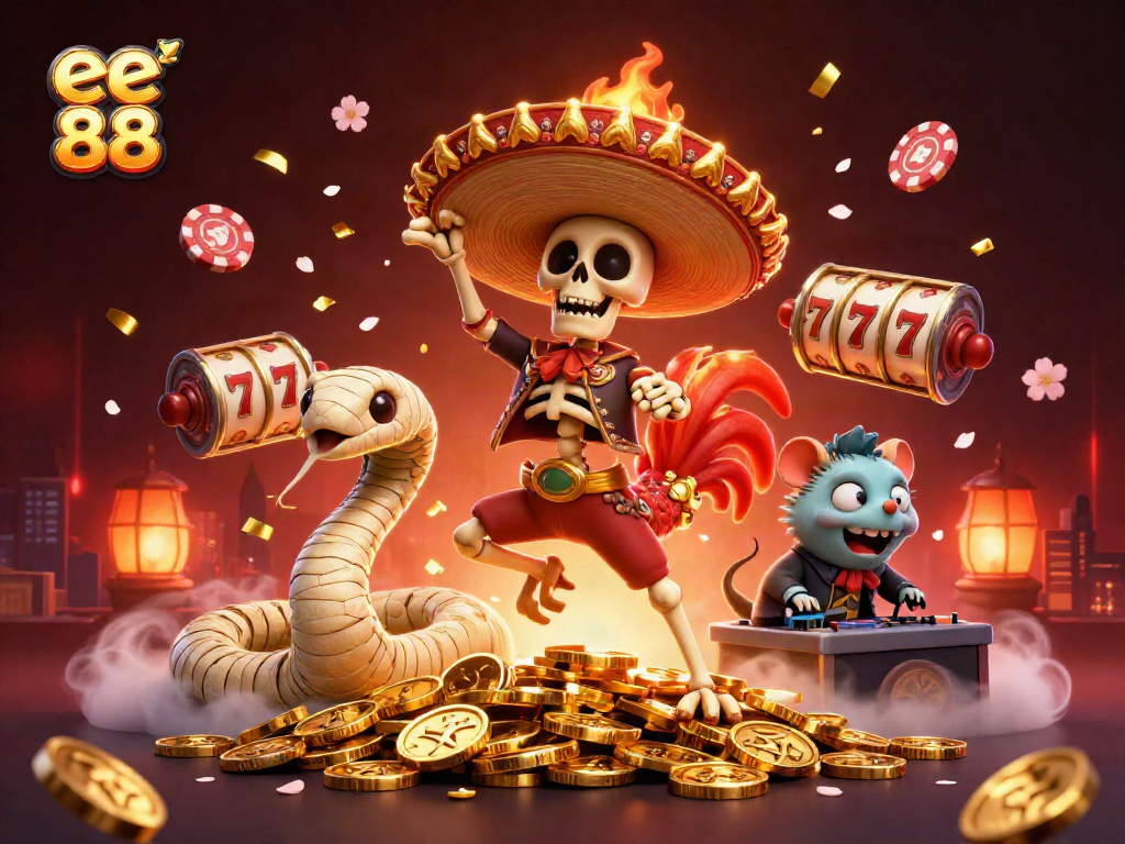 Engage with ee 88's thrilling victory scene featuring vibrant casino elements and lively characters.