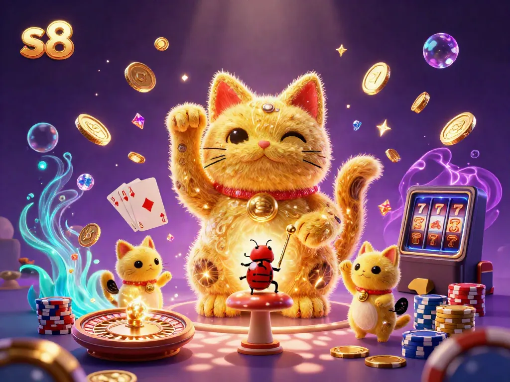 Engage with the vibrant s8 casino experience featuring a giant lucky cat, golden coins, and thrilling gameplay elements.