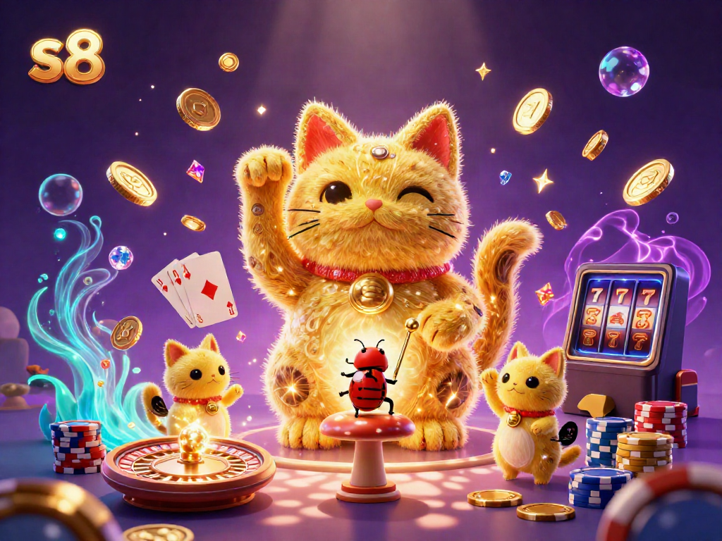 Engage with the vibrant s8 casino experience featuring a giant lucky cat, golden coins, and thrilling gameplay elements.
