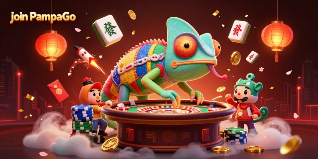 Join PampaGo by engaging with a vibrant casino scene featuring a colorful chameleon and festive game elements.