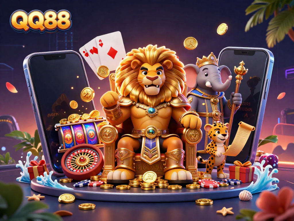 Engaging QQ88 online casino scene showcasing a lion king, elephant advisor, and cheetah messenger surrounded by vibrant gaming elements.