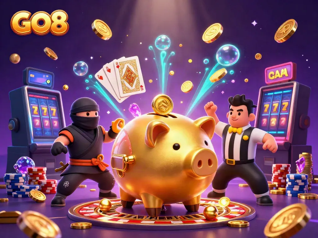 Experience fun at GO8 with a dynamic illustration of gambling delights including colorful coins and characters.