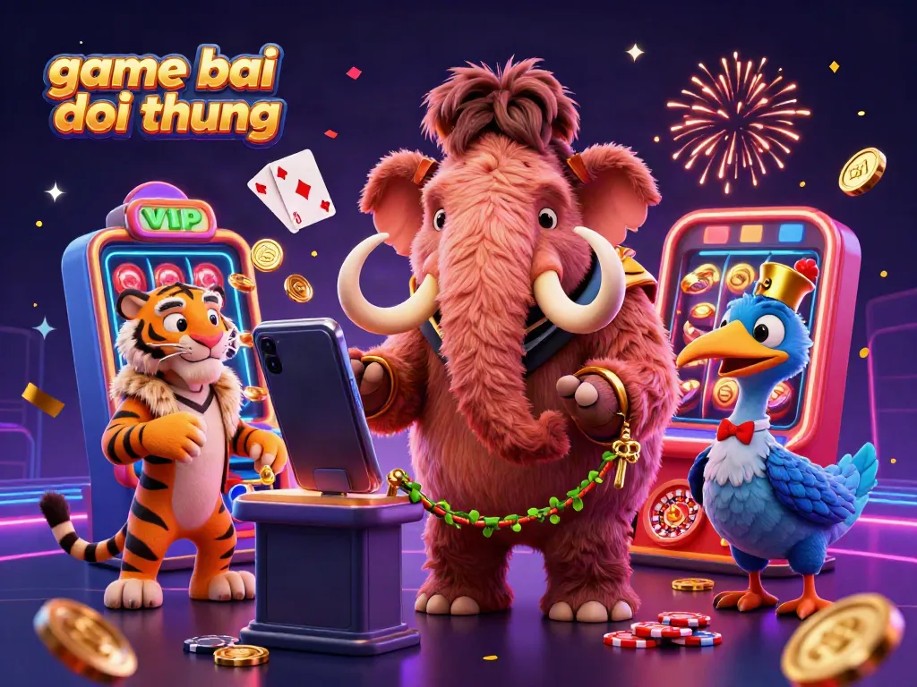 Experience the vibrant game bai doi thuong scene featuring a woolly mammoth bouncer, saber-tooth VIP, and dodo doorman amidst casino game elements.
