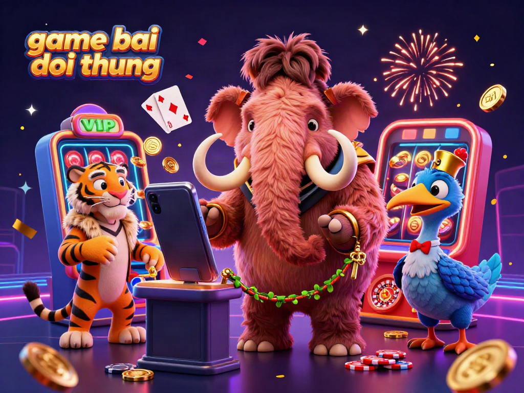 Experience the vibrant game bai doi thuong scene featuring a woolly mammoth bouncer, saber-tooth VIP, and dodo doorman amidst casino game elements.