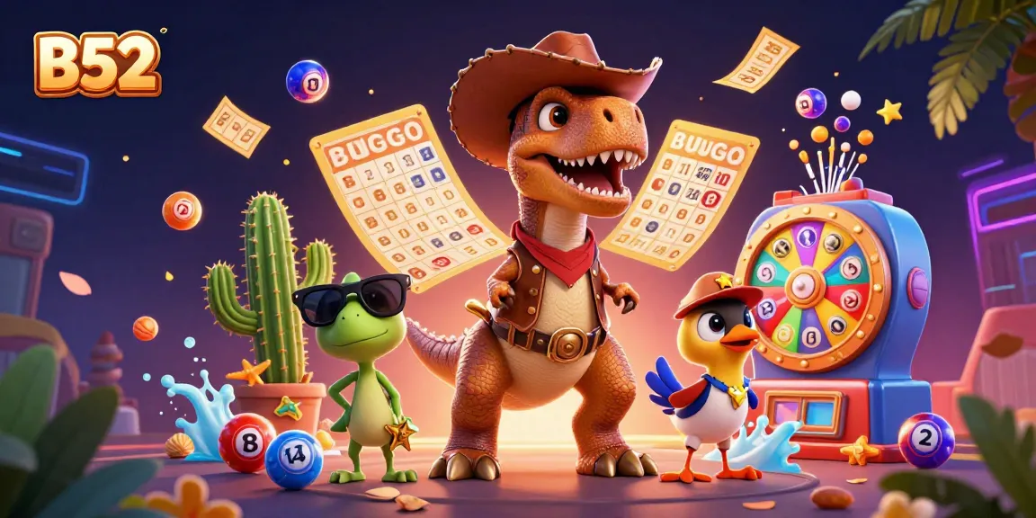 B52 casino-themed illustration with a T-Rex dinosaur, vibrant gaming elements, and engaging backdrop for gaming excitement.