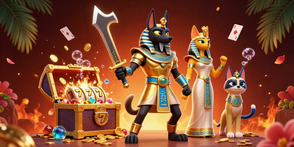 Experience HITCLUB's thrilling slot games with Anubis and Bastet in an action-packed scene.