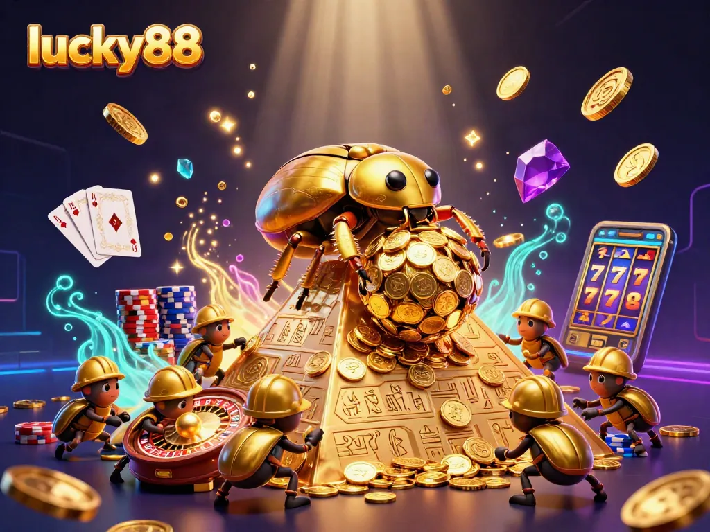 Experience thrilling gameplay at lucky88 with golden coins, casino symbols, and vibrant game elements.