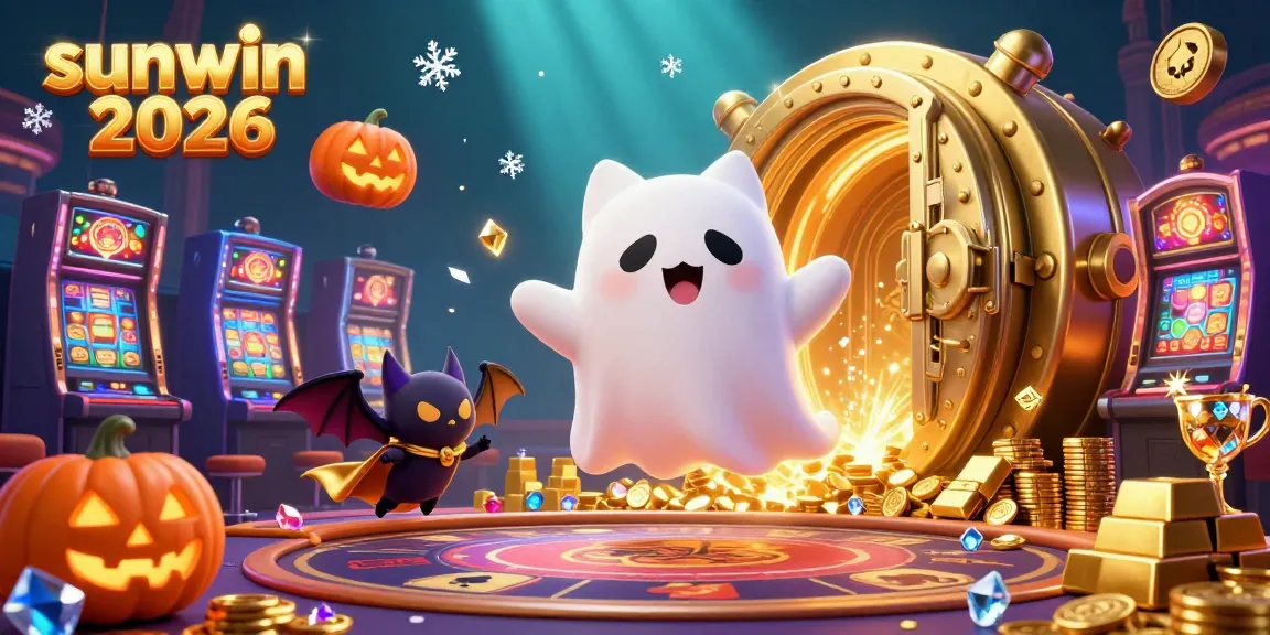 Experience the thrill of sunwin 2026 in this vibrant 3D casino scene with a ghost cat and vampire bat.