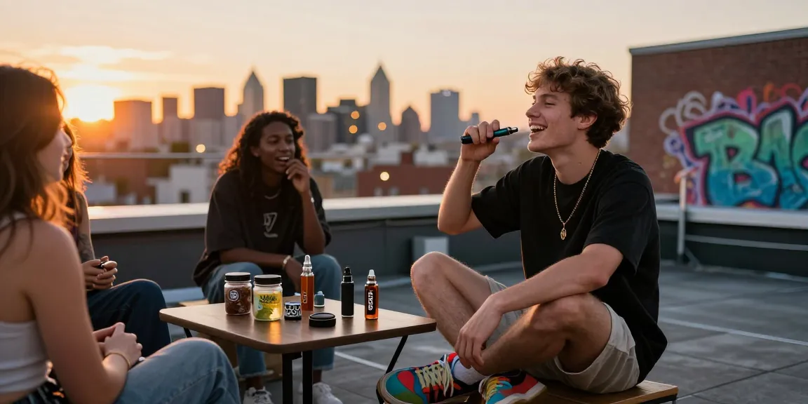 Person enjoying THC pens with friends on a city rooftop at sunset