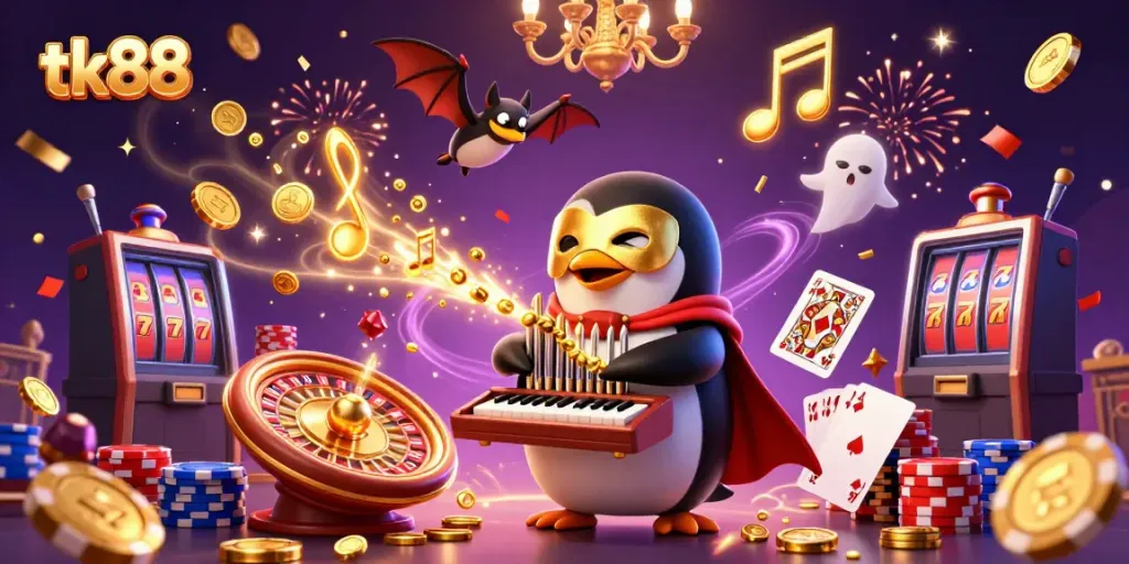 Engagement in thrilling games at tk88 with lively characters, casino elements, and dynamic gold coins.