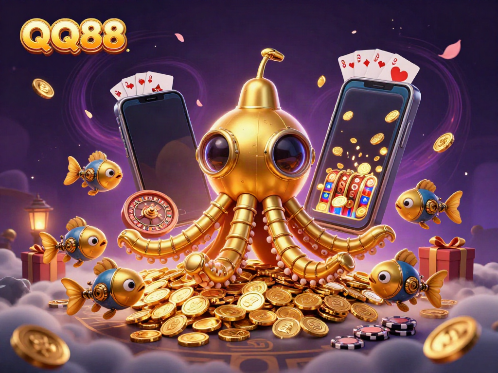 Engage with QQ88's vibrant gambling experience featuring golden kraken and slot games