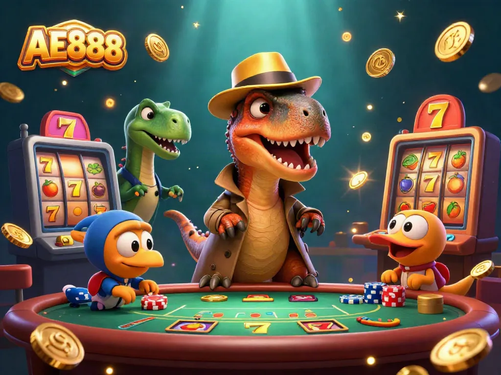 Experience thrilling gameplay at AE888 with a velociraptor card counter and dynamic jackpot scene.
