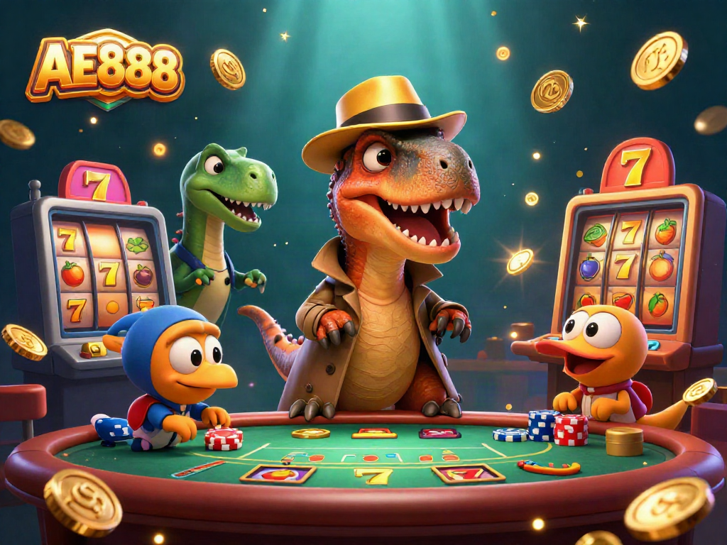Experience thrilling gameplay at AE888 with a velociraptor card counter and dynamic jackpot scene.