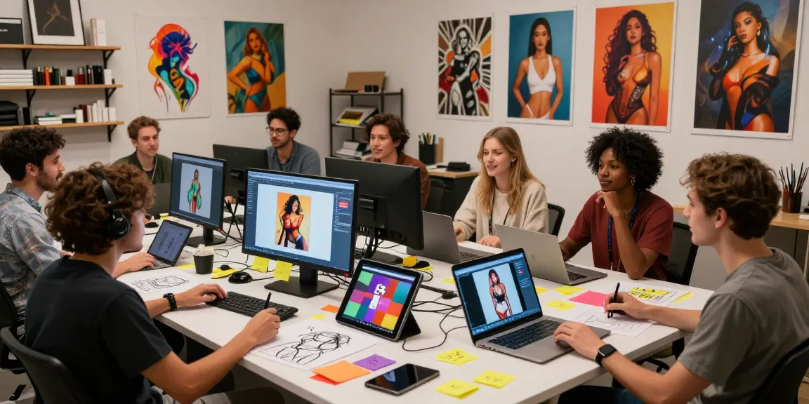 Collaborative digital art studio showcasing AI-generated 18+ art, with diverse artists and vibrant creations.