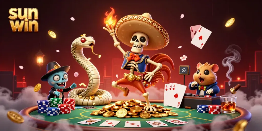 Experience sun win with a joyful mariachi dance amid poker chips and golden coins in a vibrant casino scene.