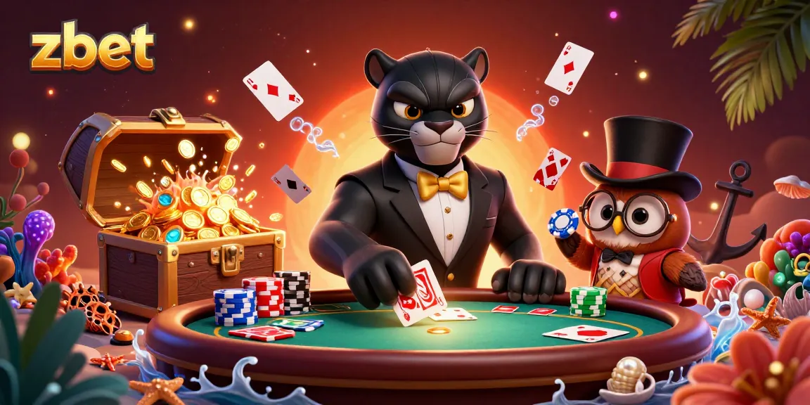 Engage with zbet in this lively illustration of a black panther dealer orchestrating a poker game.
