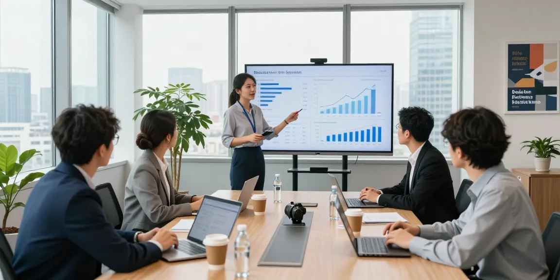 Team discussing a business phone system in a modern conference room with data visuals.