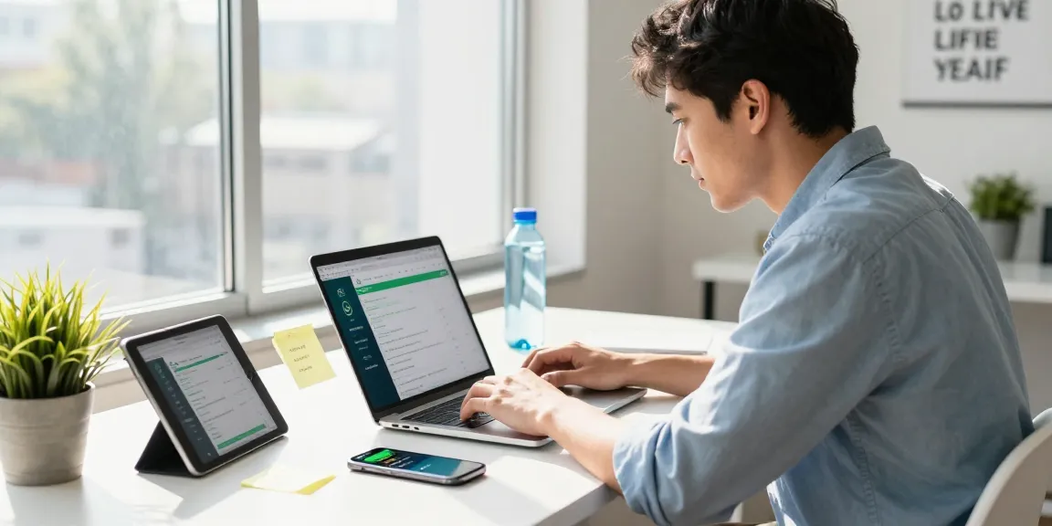 Engaged professional using WhatsApp下載 on laptop with vibrant workspace elements.