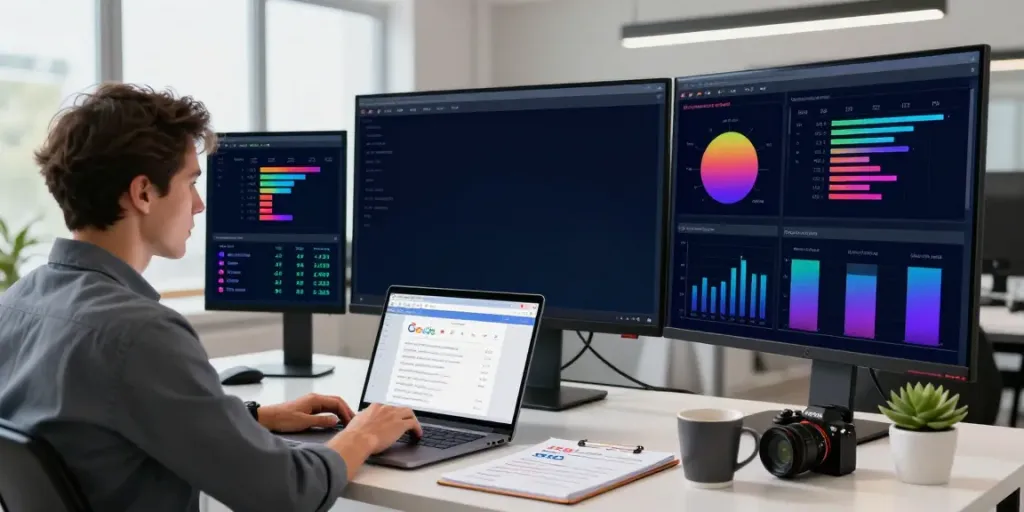 SEO expert analyzing instant indexing metrics in a vibrant digital workspace.