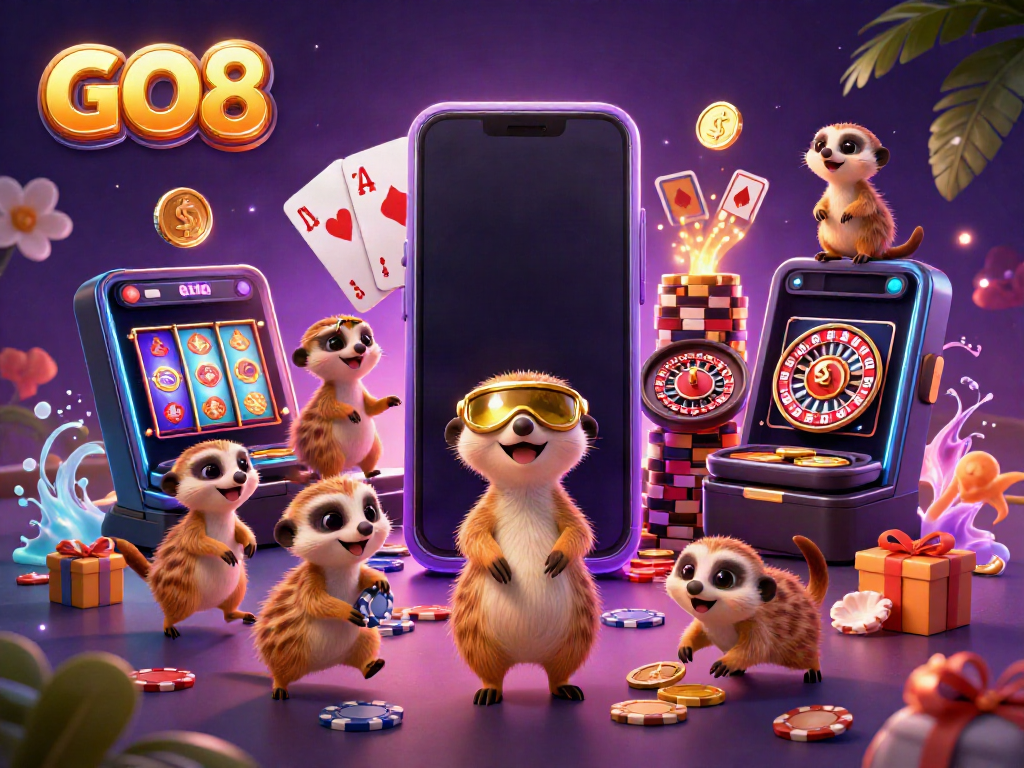 Experience the excitement of GO8 casino action with meerkats managing a vibrant gambling scene.