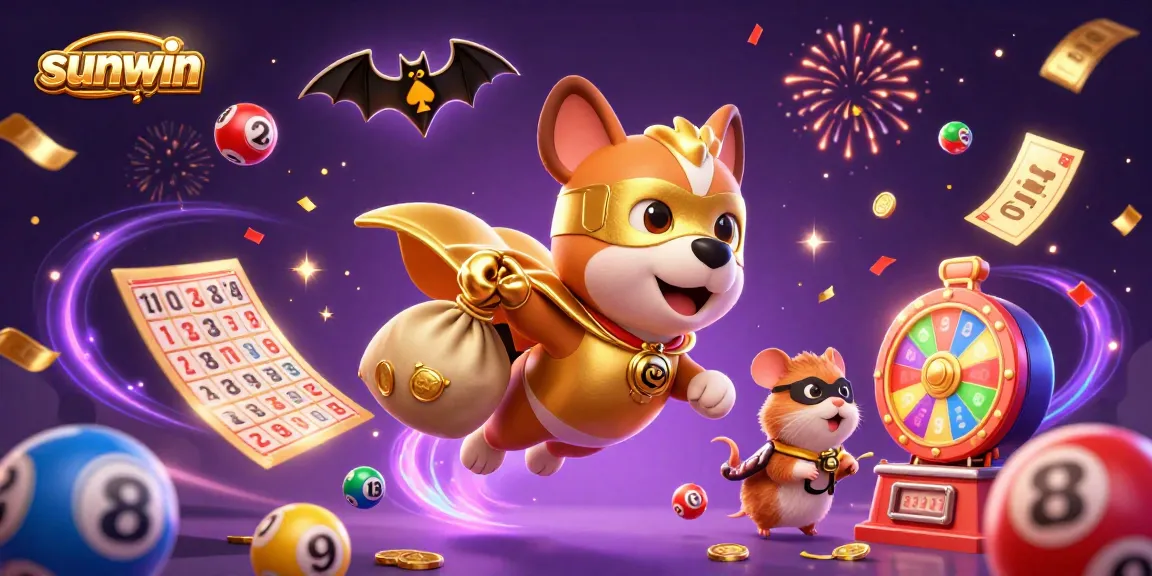 Witness sunwin in action with a superhero dog and hamster amidst vibrant casino elements.