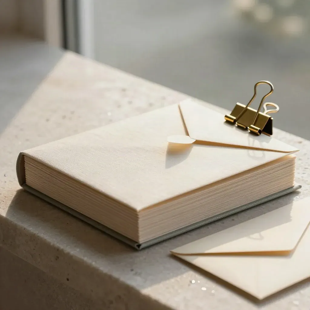 Founder capital folio pack on pale stone with brass clip in soft dawn mist
