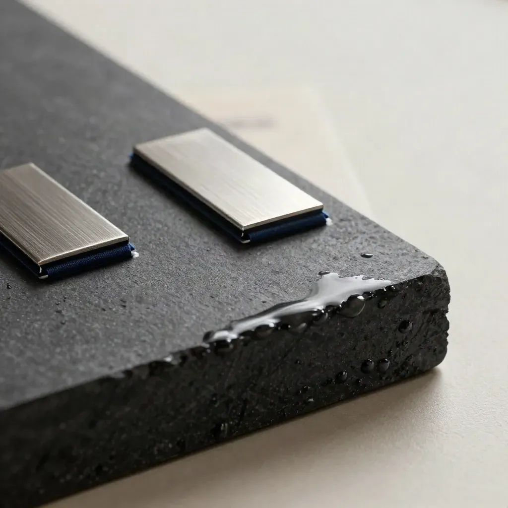 Charcoal audit folio, stone sample and clipped sleeves on wet basalt with mist and water beads.