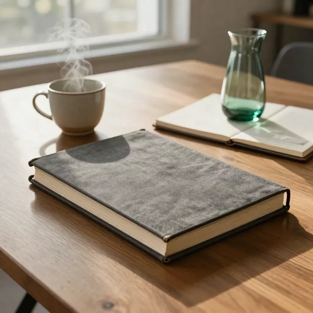 Quarterly review kit on a boardroom table with a steaming cup and emerald glass carafe.