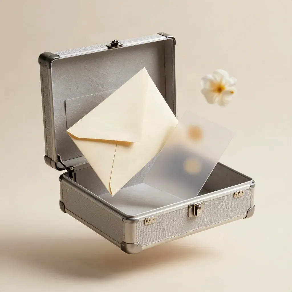 Suspended finance strategy case with tabs, envelope and divider on an ivory field