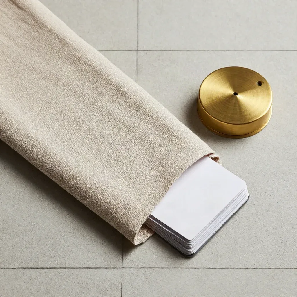 Overhead flatlay of a linen-wrapped seed raise pack with inserts and a brass paperweight on pale concrete