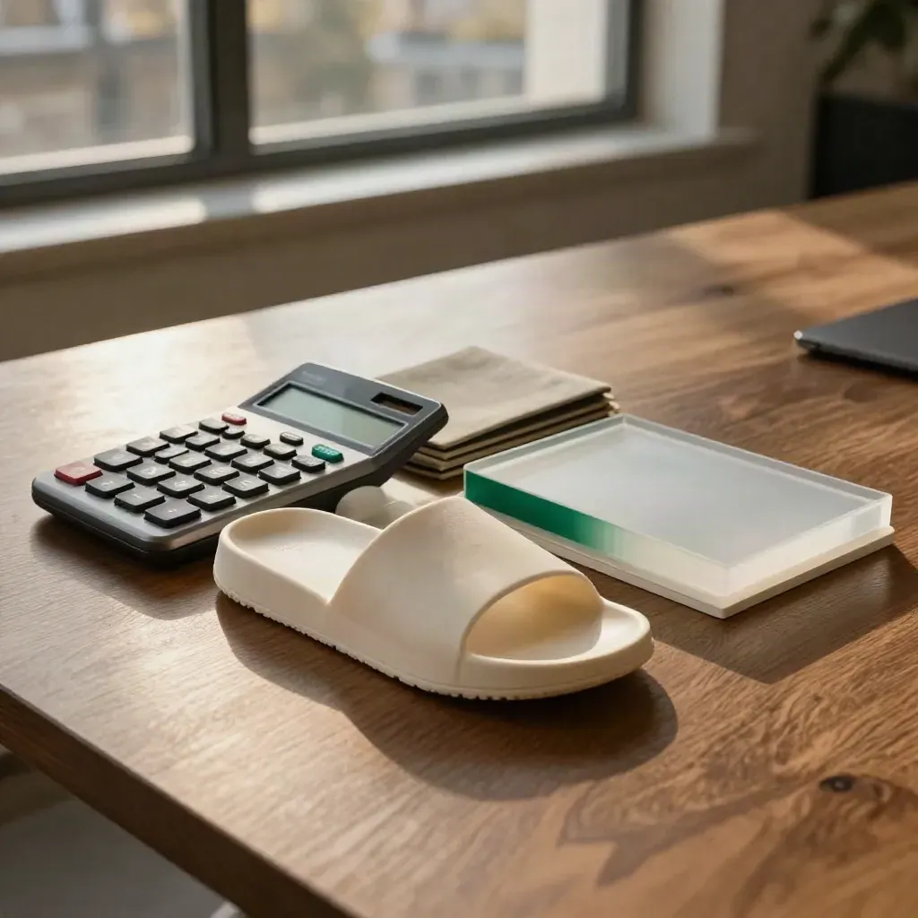 Finance review kit with sample chips, calculator and sleeve on a brushed oak table.