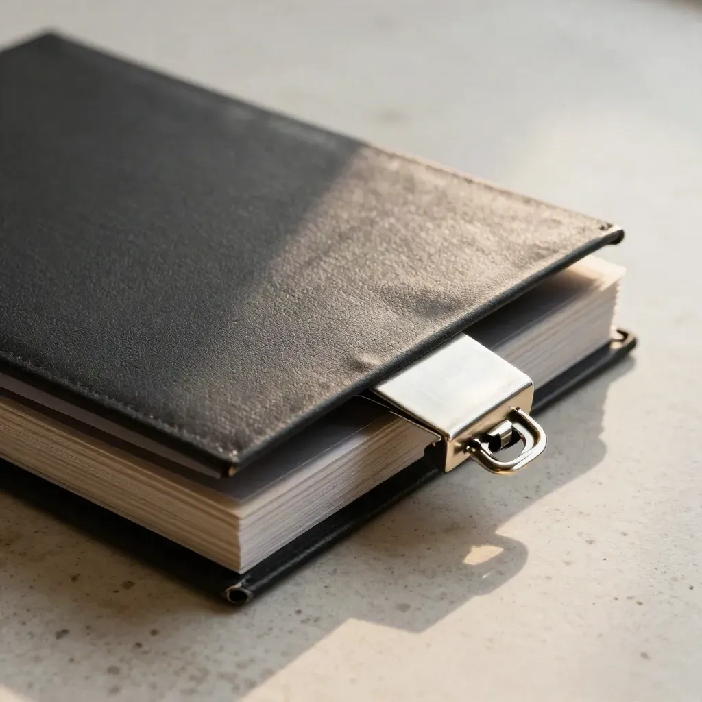 Black dossier with translucent dividers and a silver clip on pale travertine, close and tactile.