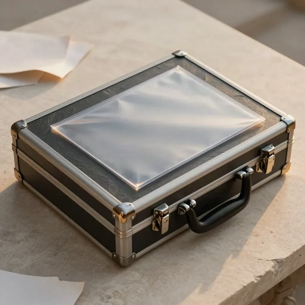 Slate diligence case with gold clasp and clear sleeves on pale stone, shot diagonally from above.
