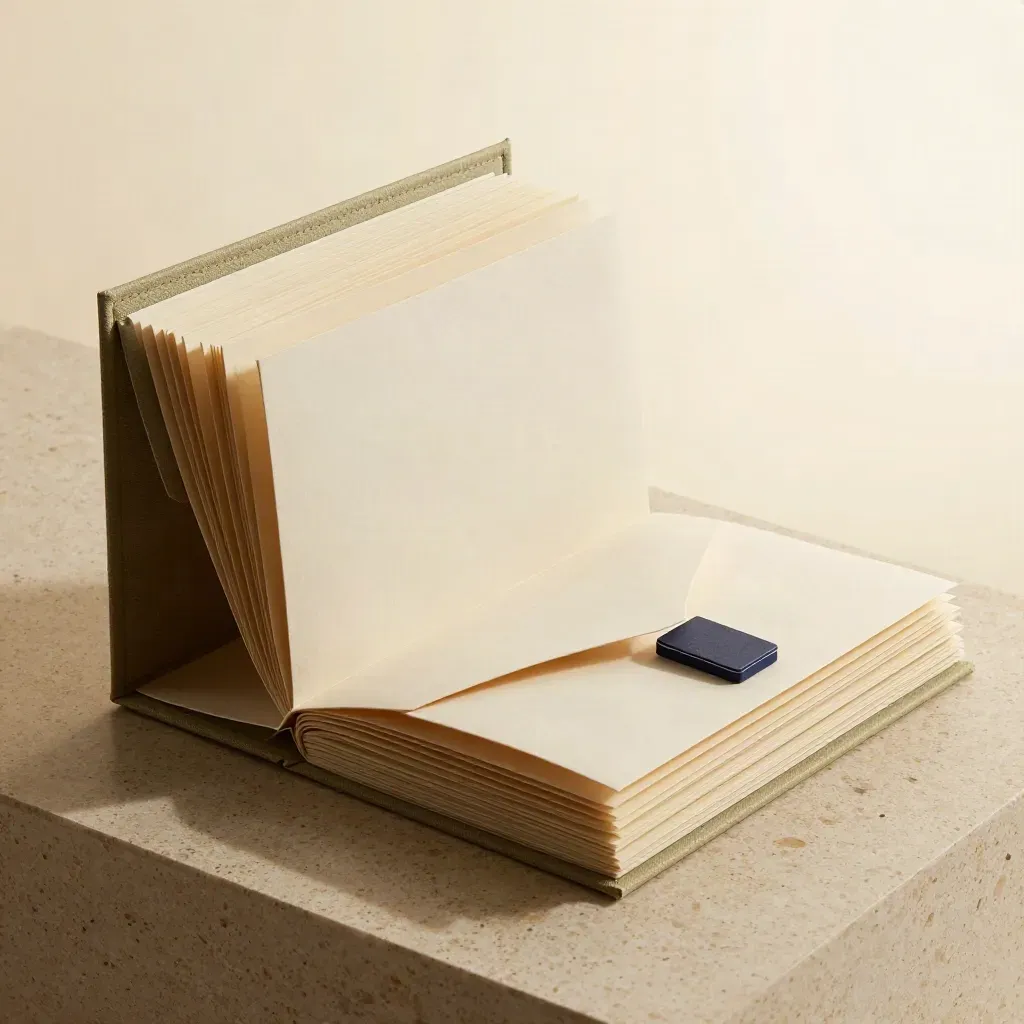 Macro of a briefing folio, twin envelopes and inserts on travertine with soft navy accents