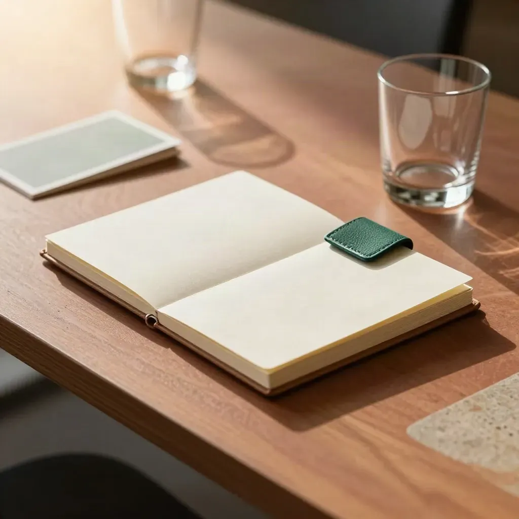 Advisory notebook kit, closed phone and glass tumbler on terracotta table in soft daylight.